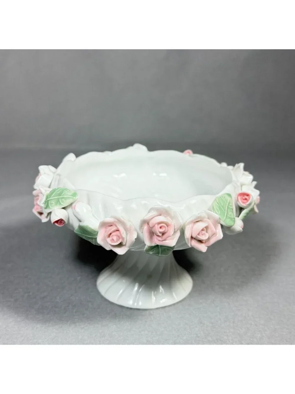 Vintage Encrusted Porcelain Rose Pedestal Bowl Capodimonte Style Candy Dish - Picture 5 of 11